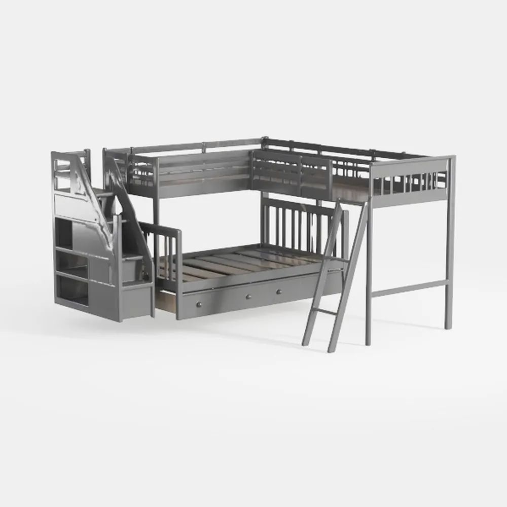 Twin over Full L-Shaped Bunk Bed With 3 Drawers, L