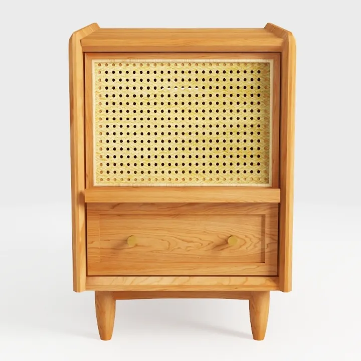 Mid Century Solid Oak Rattan Nightstand With Drawer 3D Model