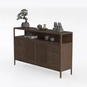 Minimalist Solid Walnut Wood Sideboard Cabinet with Open Shelves 3D Model Left 45 Degree View