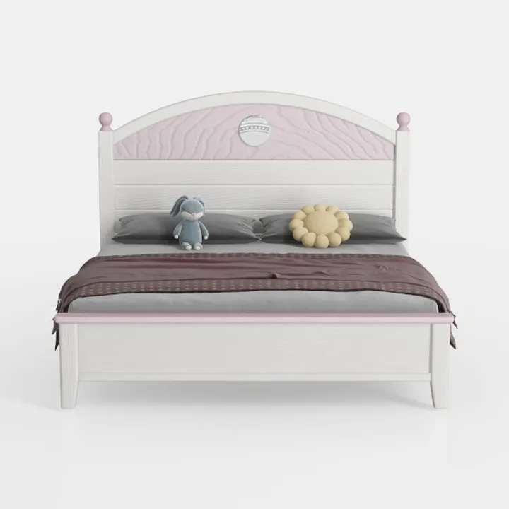 Pastel Kids Solid Wood Double Bed Cute Decorative Headboard 3D Model