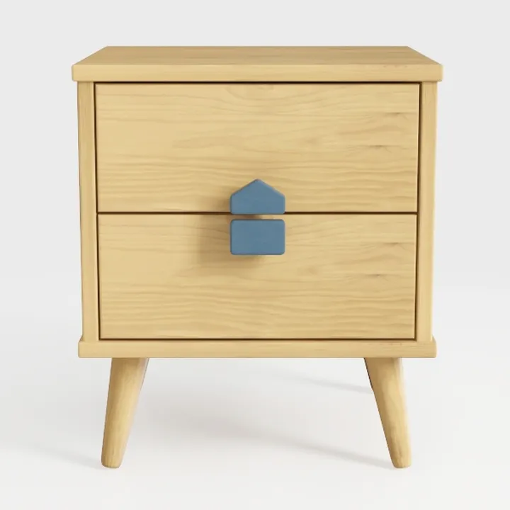 Mid-Century Solid Wood Kids Nightstand with Cute Blue Hardware 3D Model