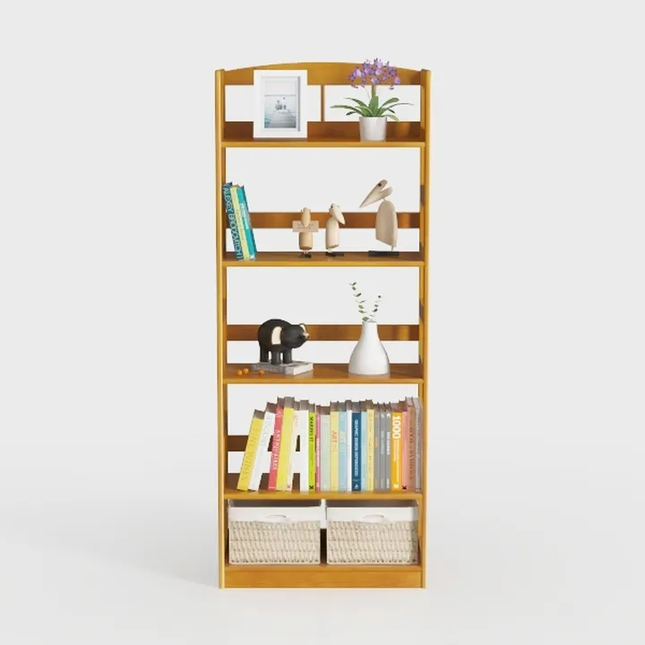 Minimalist Solid Wood Bookshelf with Woven Storage Baskets 3D Model