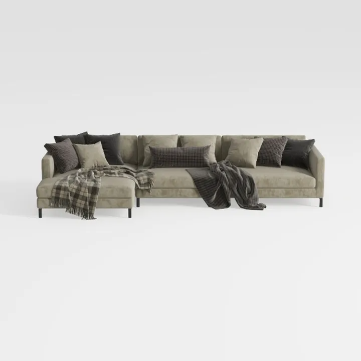 Minimalist Fabric L Shape Sectional Sofa with Throw Pillows Blanket 3D Model