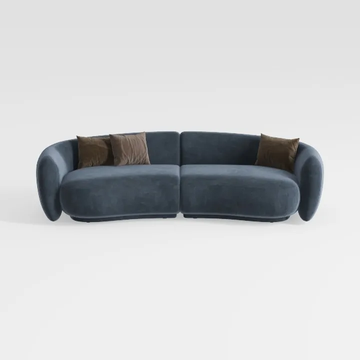 Minimalist Dark Blue Fabric Curved Sofa with Throw Pillows 3D Model