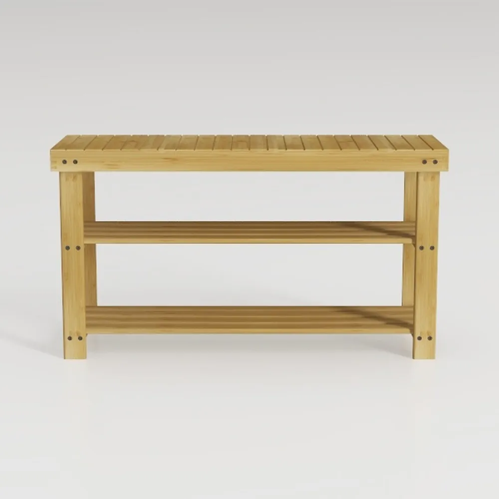 2-Tier Bamboo Shoe Bench with Cushion and Hidden