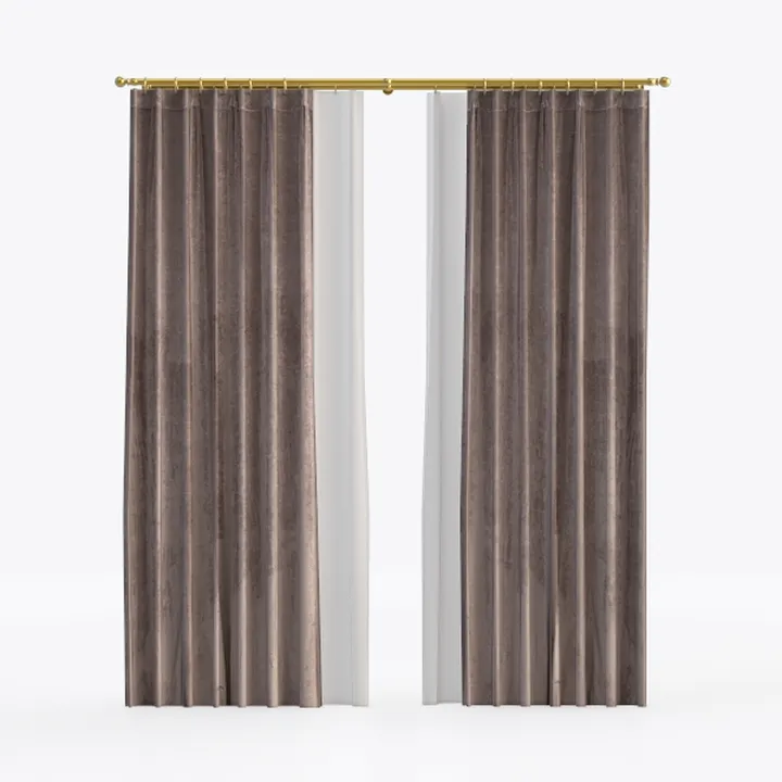 Modern Velvet Fabric Window Curtains With Gold Metal Rod 3D Model