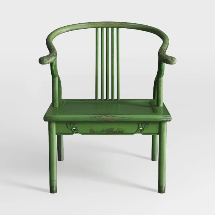 Vintage Distressed Green Painted Solid Wood Armchair 3D Model