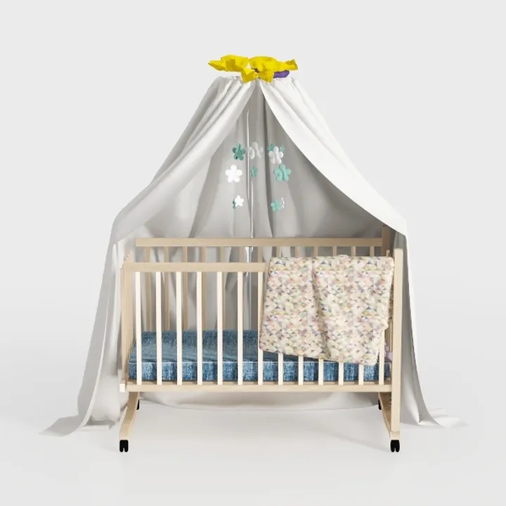 Solid Wood Canopy Baby Crib with Hanging Decor 3D Model