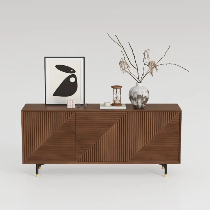 Minimalist Walnut Fluted Sideboard with Geometric Accent Doors 3D Model