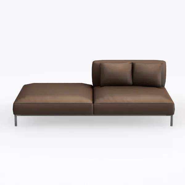 Modern Brown Leather Chaise Lounge Sofa with Metal Legs 3D Model Front View