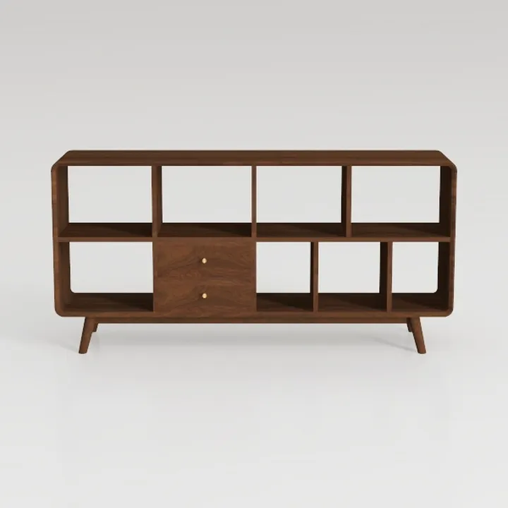 Mid-Century Walnut Open Storage Cabinet With Drawers 3D Model