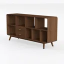 Mid-Century Walnut Open Storage Cabinet With Drawers 3D Model Left 45 Degree View