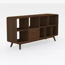 Mid-Century Walnut Open Storage Cabinet With Drawers 3D Model Right 45 Degree View