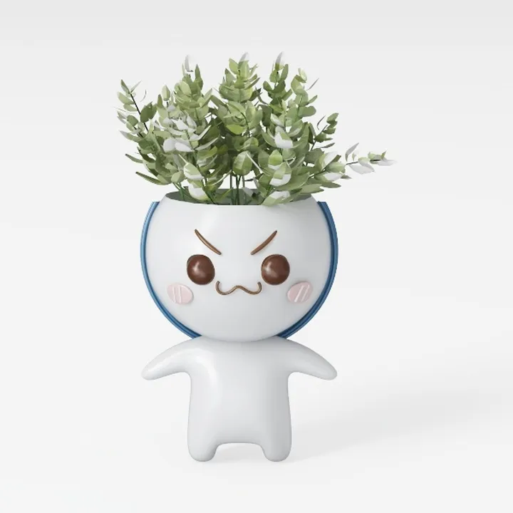 Cute Cartoon Plastic Desktop Planter Pot with Faux Greenery 3D Model