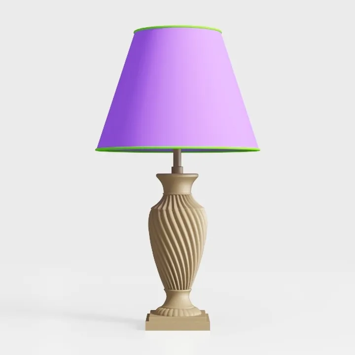 Classic Carved Solid Wood Table Lamp with Purple Fabric Shade 3D Model