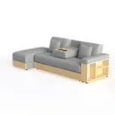 Modern Minimalist Gray Fabric Oak L Shaped Sectional Sofa with Storage Tray 3D Model Left 45 Degree View