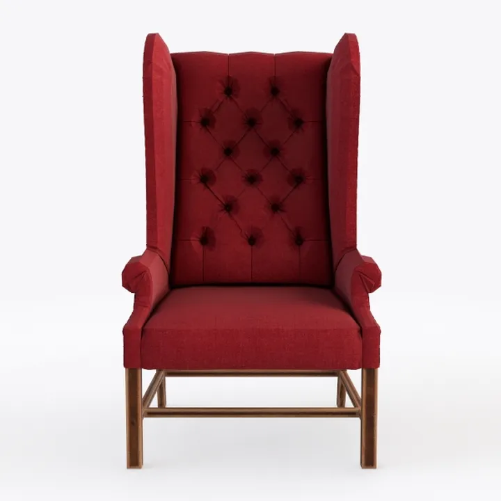 Red Fabric Tufted Wingback Armchair Solid Wood Base 3D Model