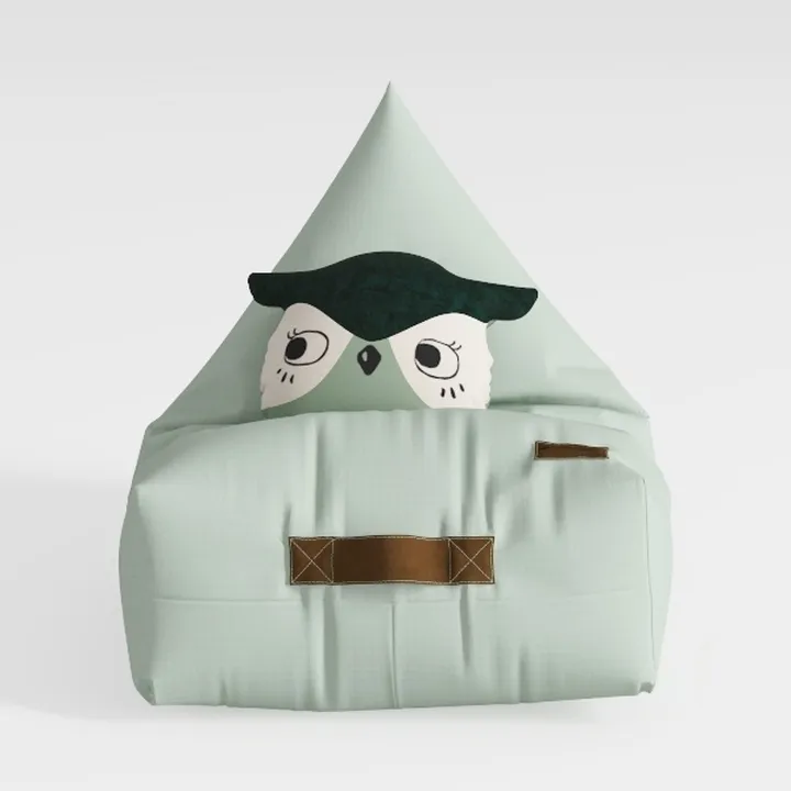 Minimalist Sage Green Fabric Kids Bean Bag Chair with Owl Decor 3D Model