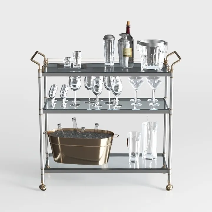 Modern Brass Metal Glass Top Rolling Bar Cart 3D Model