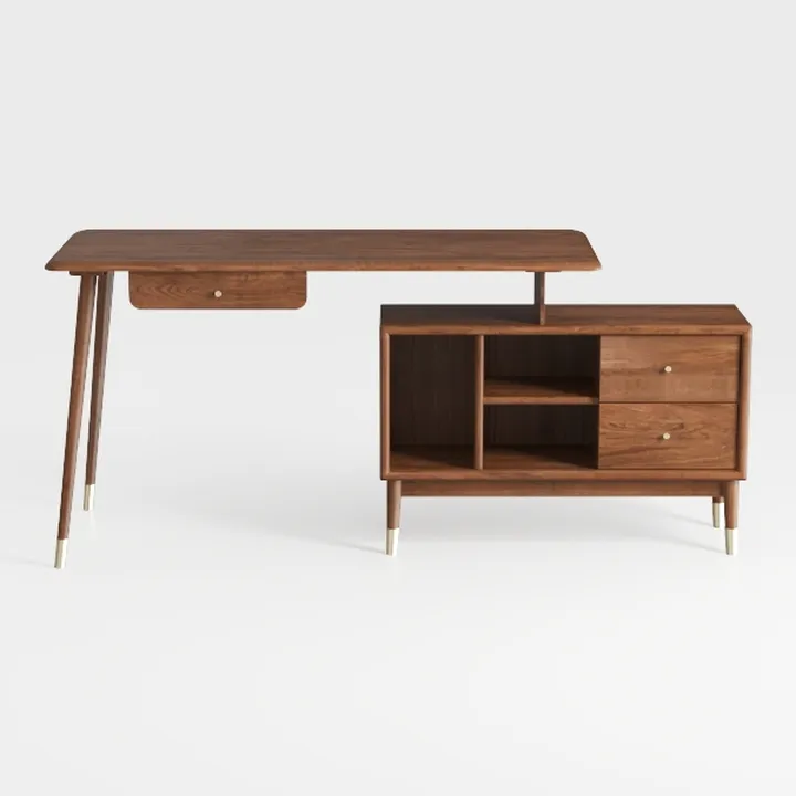 Mid-Century Solid Walnut Wood L Shaped Office Desk With Storage Drawers 3D Model