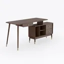 Mid-Century Solid Walnut Wood L Shaped Office Desk With Storage Drawers 3D Model Right 45 Degree View
