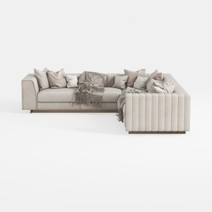 Modern Minimalist Beige Velvet L Shaped Sectional Sofa with Throw Pillows 3D Model
