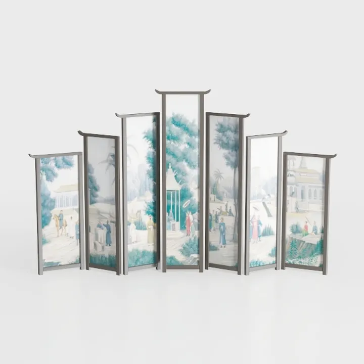 Traditional Chinese Style Painted Fabric Room Divider Screen 3D Model