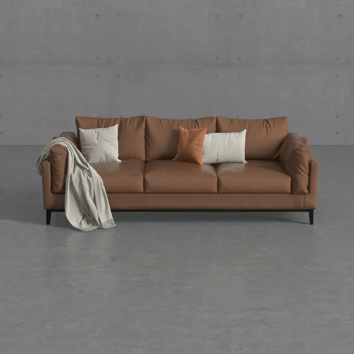 Modern Brown Leather Three Seater Sofa with Throw Pillows and Blanket 3D Model