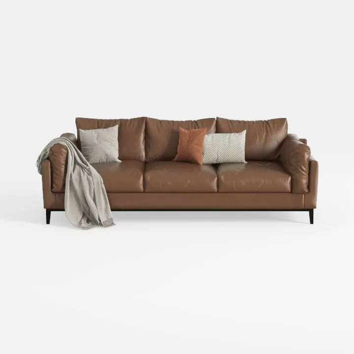 Modern Brown Leather Three Seater Sofa with Throw Pillows and Blanket 3D Model