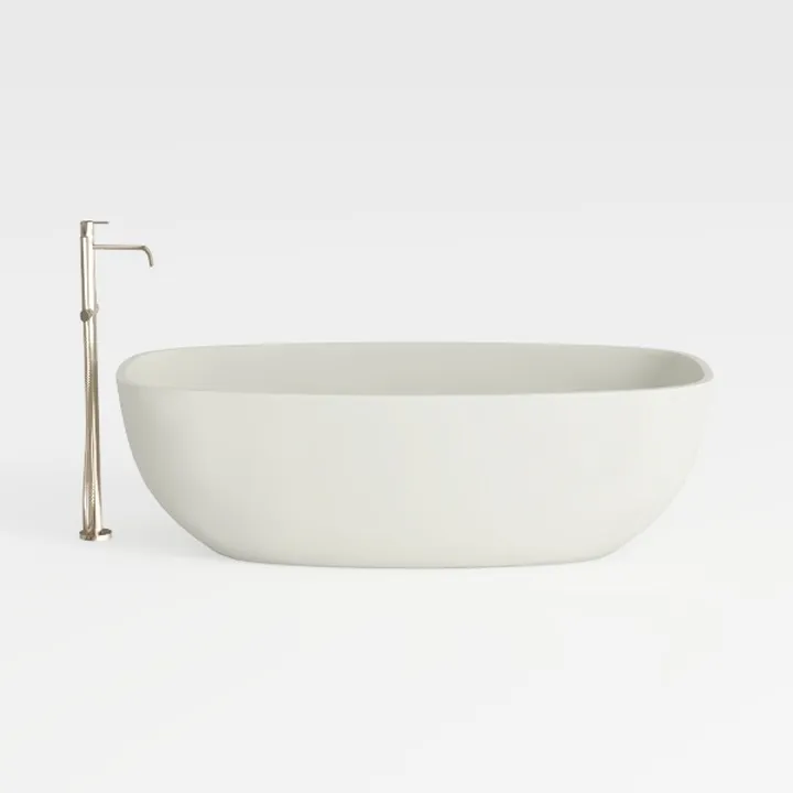 Minimalist Solid Stone Freestanding Bathtub with Brass Floor Mounted Faucet 3D Model
