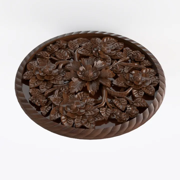 Solid Wood Carved Floral Round Wall Art Decor 3D Model