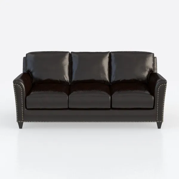 Traditional Dark Brown Leather Nailhead Trim 3 Seater Sofa 3D Model Front View
