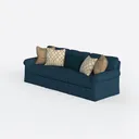 Modern Navy Blue Fabric Three Seat Sofa With Decorative Throw Pillows 3D Model Left 45 Degree View