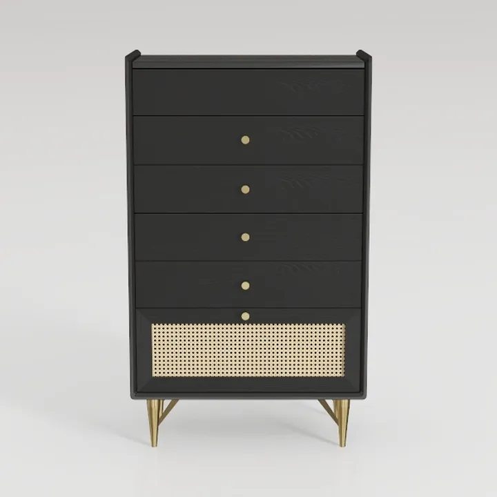 Modern Black Solid Wood Rattan Gold Accent Tall Dresser 3D Model