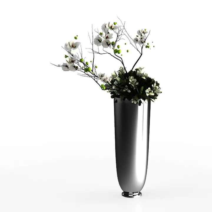 Modern Polished Metal Tall Vase with Floral Arrangement 3D Model