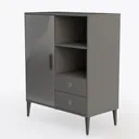 Modern Minimalist Dark Gray Wood Storage Cabinet With Drawers Open Shelves 3D Model Left 45 Degree View