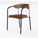 Modern Walnut Wood Black Metal Fabric Upholstered Dining Armchair 3D Model Left 45 Degree View