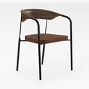 Modern Walnut Wood Black Metal Fabric Upholstered Dining Armchair 3D Model Right 45 Degree View