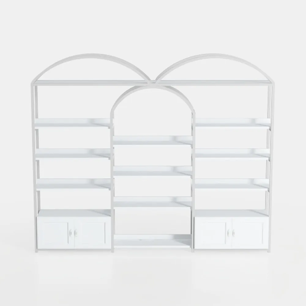 Arched Bookshelf and Bookcase with Doors, Triple