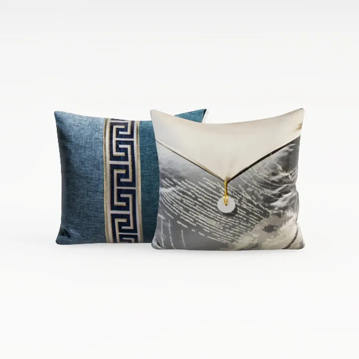 Luxury Fabric Decorative Throw Pillows with Geometric and Satin Details 3D Model
