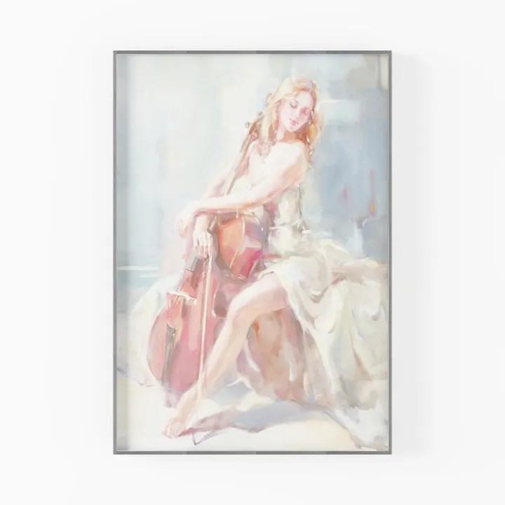 Vintage Watercolor Woman Cello Wall Art Decor 3D Model