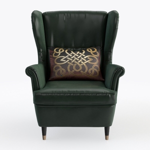 Vintage Dark Green Leather Wingback Armchair with Decorative Throw Pillow 3D Model