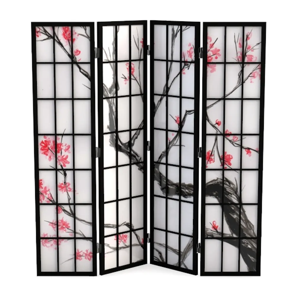 Roundhill Furniture Black Japanese 4-Panel Screen 