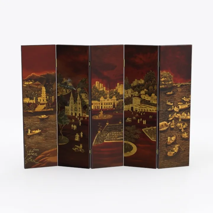Vintage Lacquered Painted Folding Room Divider Screen 3D Model