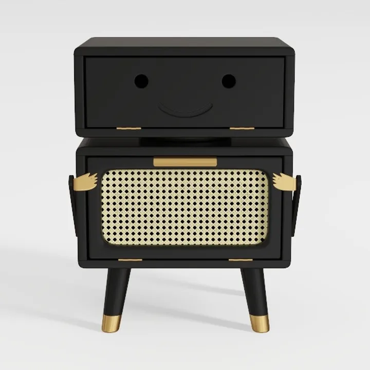 Modern Black Rattan Accent Nightstand With Gold Details 3D Model