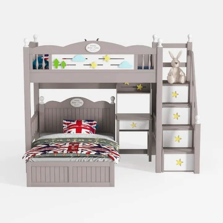 Minimalist Kids Solid Wood Bunk Bed With Storage Stairs 3D Model