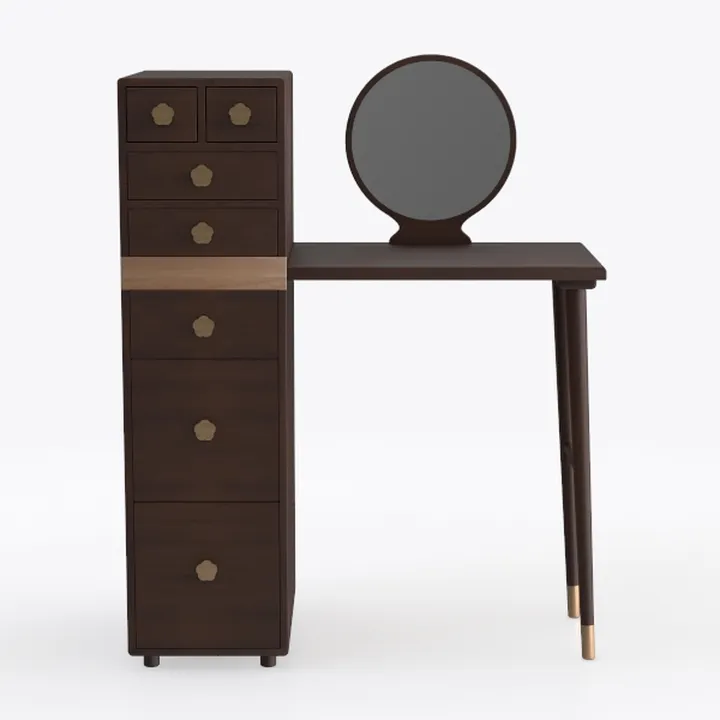 Modern Solid Wood Vanity Table with Round Mirror and Brass Accents 3D Model
