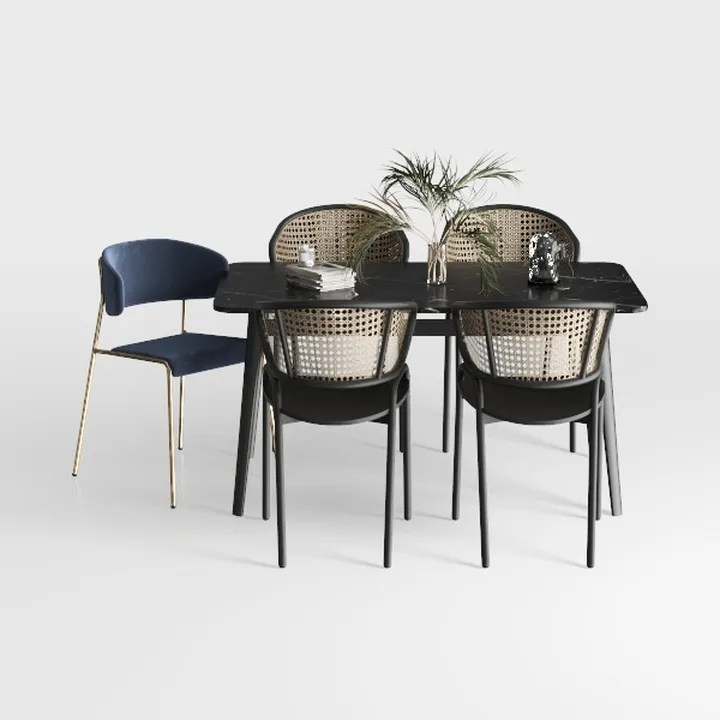 Modern Marble Top Rattan Velvet Metal Dining Table Chair Set 3D Model