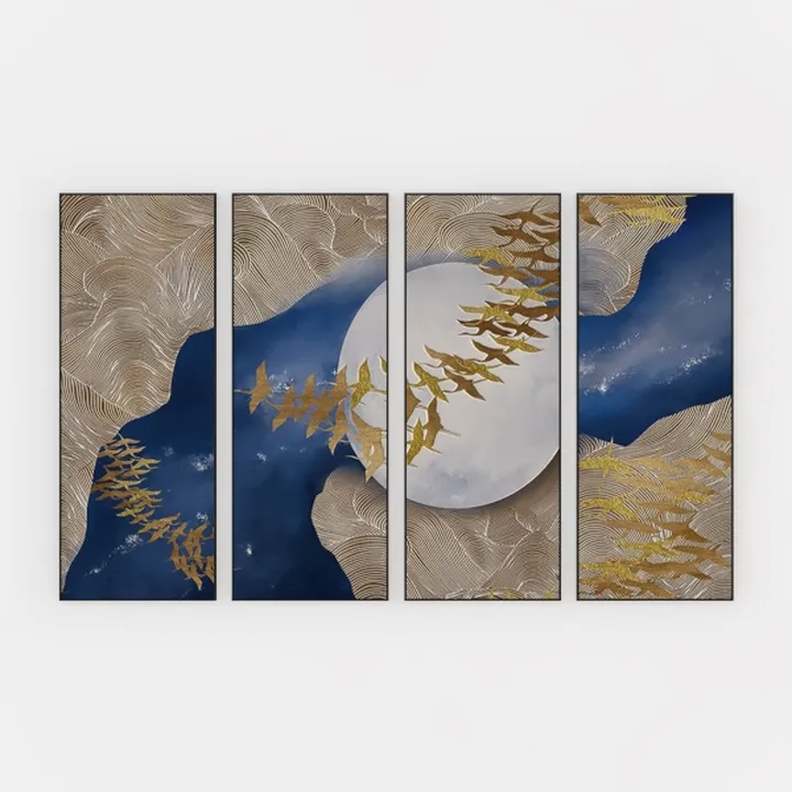 Luxury Modern Golden Bird Moon 4 Panel Wall Art Decor 3D Model