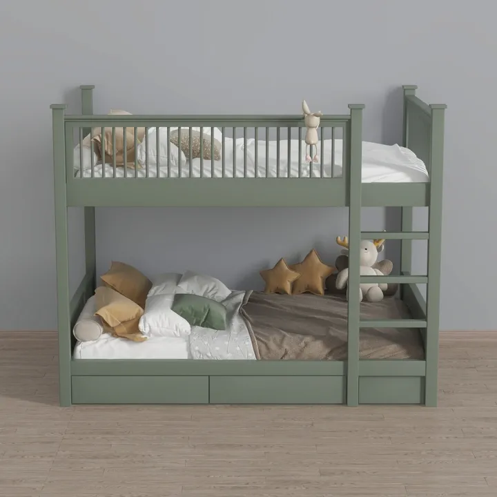 Minimalist Sage Green Solid Wood Kids Bunk Bed 3D Model